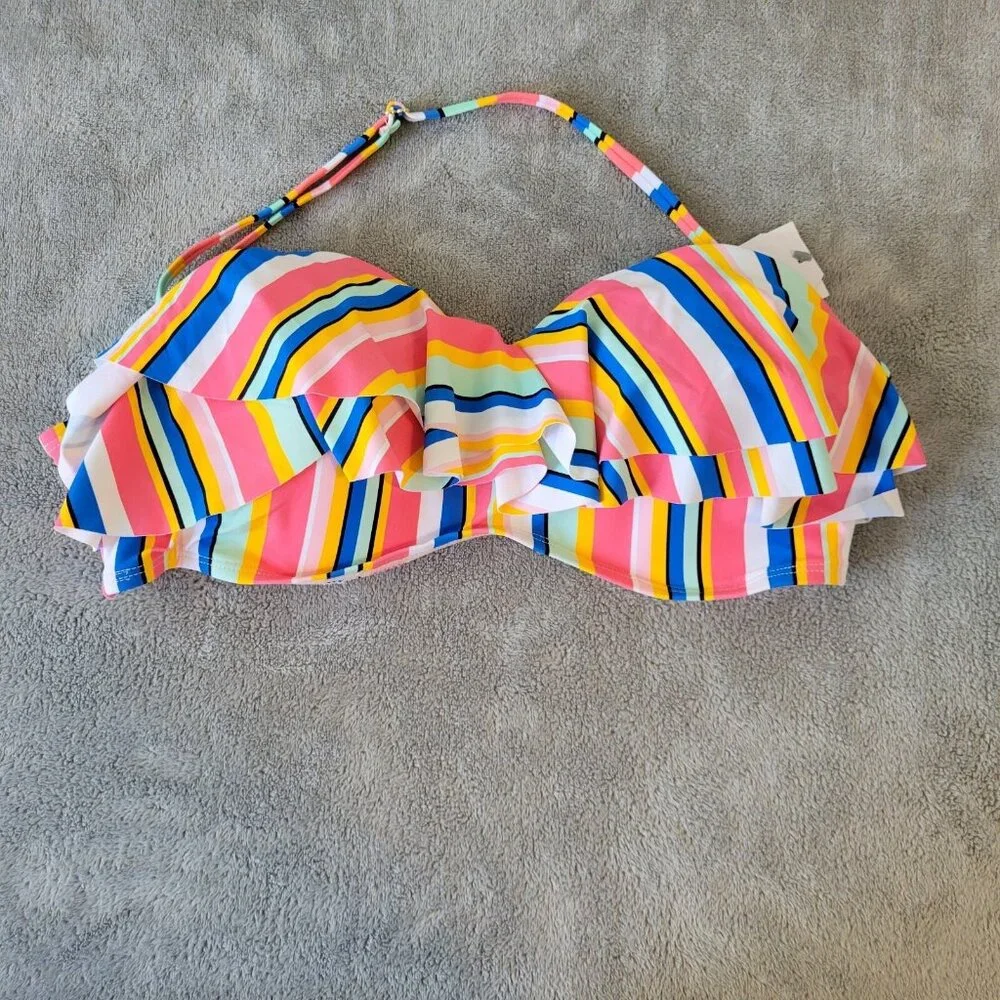 Time Tru Womens Bikini Top XL 16 18 Blue Pink Stripe Ruffle STR15E
